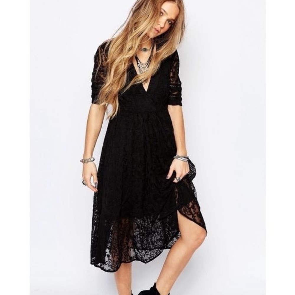 Free‎ People Mountain Laurel Lace Crochet Midi Romantic Dress Size 0 Black